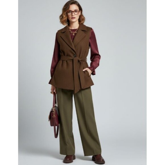 Millard Fillmore Brown Wool Blend Collared Belted Vest Women's Size Medium - Picture 3 of 10